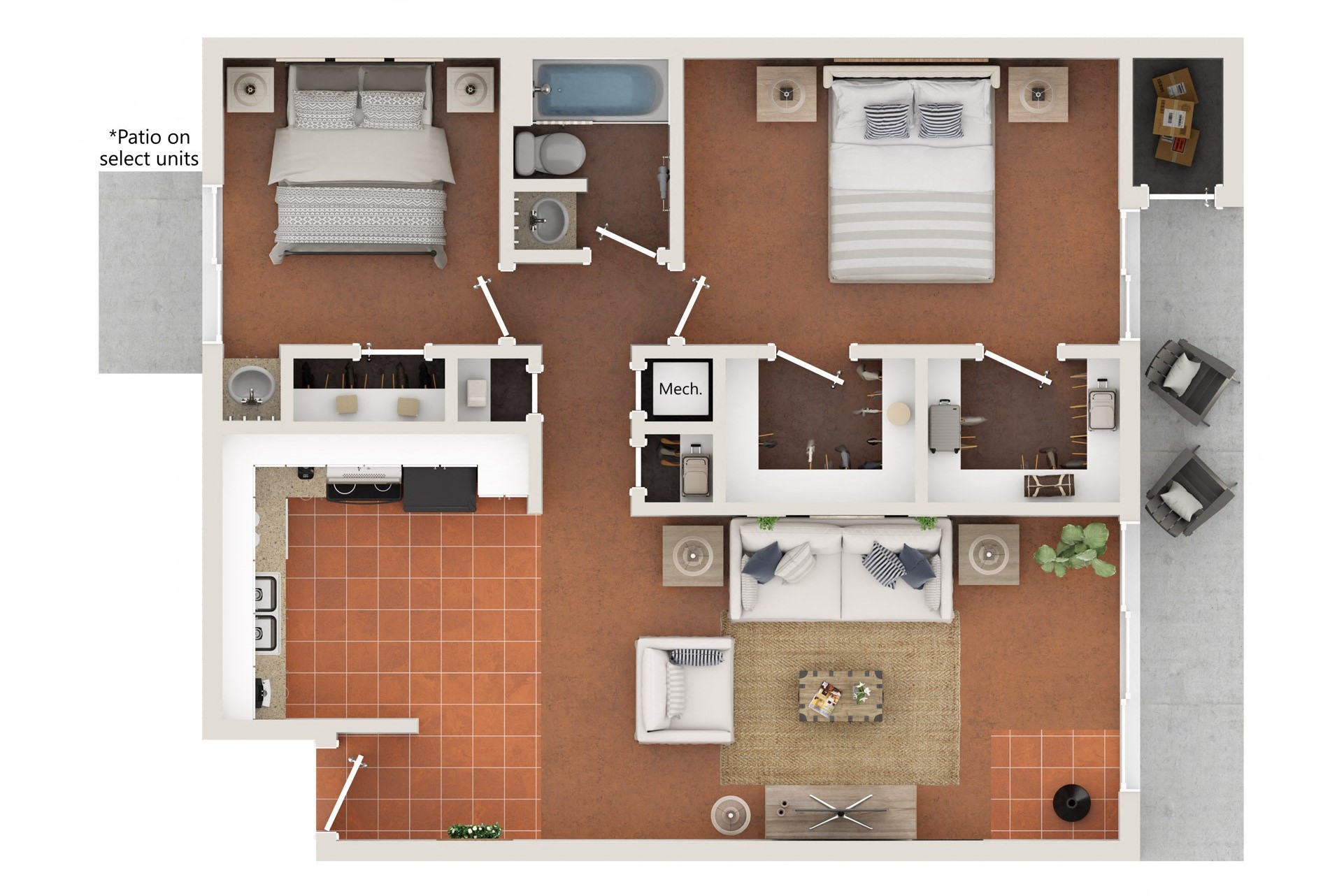 Floor plan for 2 beds, 1 bath, 925 sqft